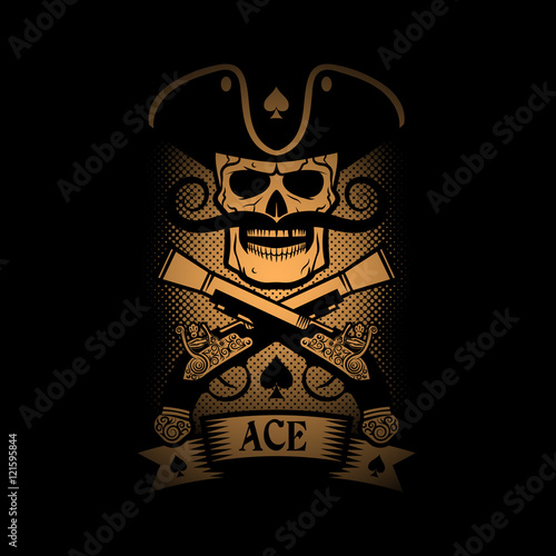 Pirate emblem skull with a pistol on a black background. Logo ace of spades.