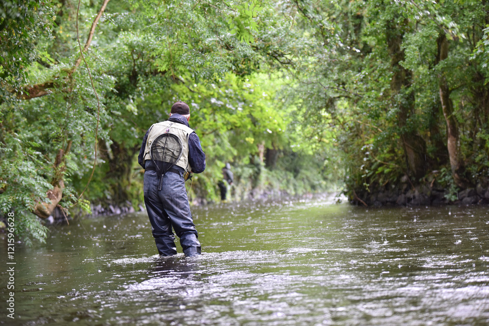 Back view of fly-fisherman fishing in river Back view of fly-fisherman fishing in river