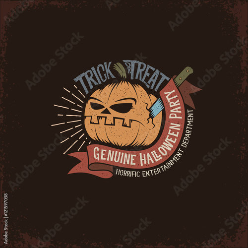 Halloween logo on a dark background with a pumpkin stuck a knife, ribbon and inscription "trick or treat". Vector vintage illustration.