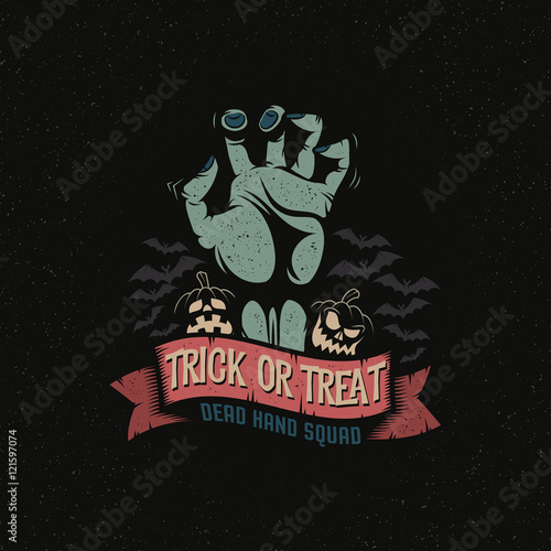 Dead Man's Hand with a Halloween pumpkin, ribbon and bats. Trick or treat logo October 31. Vector illustration. A layered.