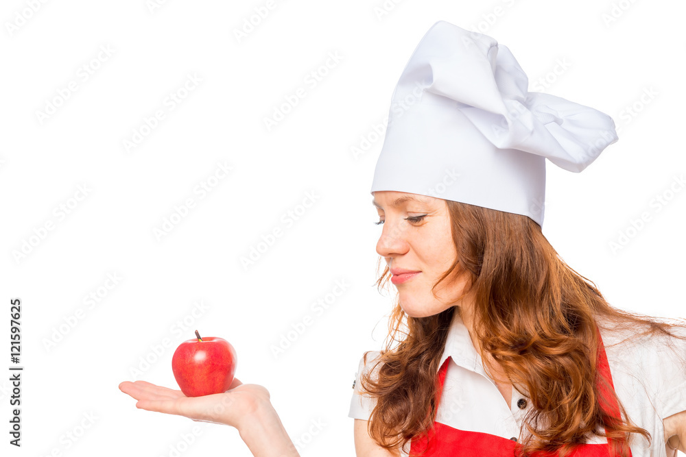 Chef and red apple on a white background isolated Chef and red apple on a white background isolated