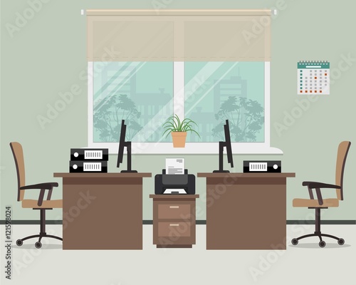 Workplace for office workers. Vector flat illustration. There is a tables, chairs, the computers, printer and other objects in the picture. Office objects are situated on a window background