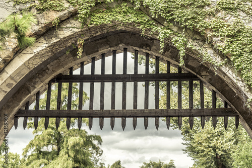 Castle gate and rock wall.