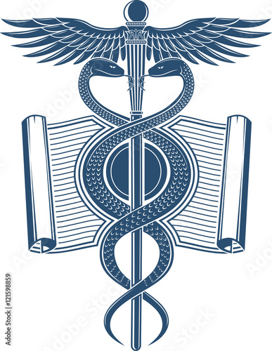 Rod of Hermes from two snakes and wings on a background parchment