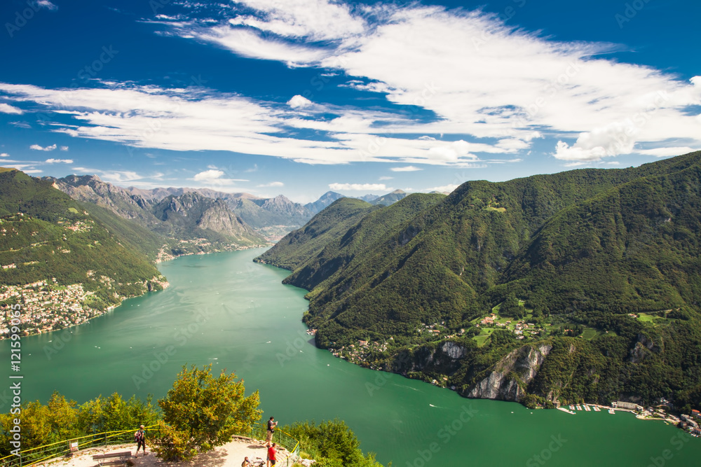 Lugano city and lake with Monte Bre from San Salvatore, Ticino, Switzerland