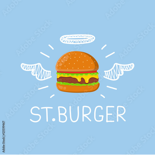 Burger concept "St. Burger" with angel halo and wings. Flat and doodle vector isolated illustration