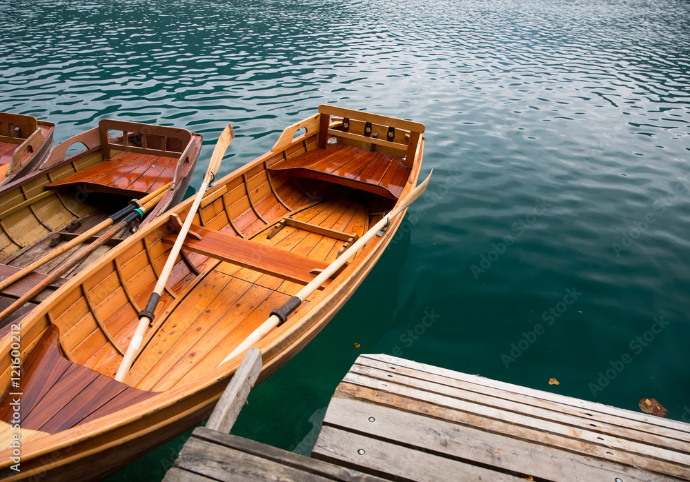 Traditional wooden boats on Lake Bled, Slovenia.