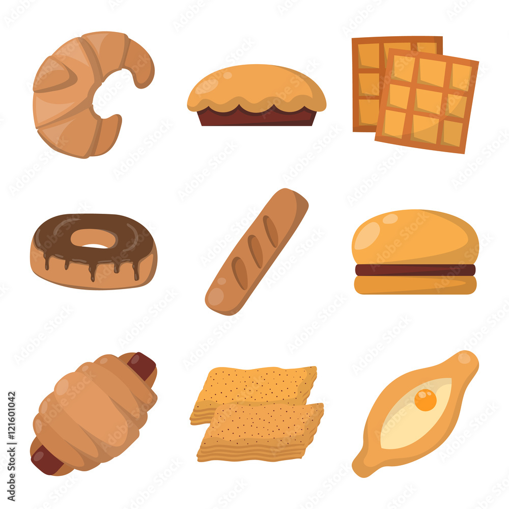 Vector illustration of bakery product food collection. Breakfast wheat meal chocolate dessert bakery products. Fresh grain product bun roll bakery products grocery health diet snack gourmet cereal. Vector illustration of bakery product food collection. Breakfast wheat meal chocolate dessert bakery products. Fresh grain product bun roll bakery products grocery health diet snack gourmet cereal.