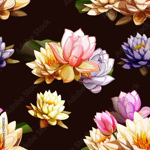 Fototapeta Naklejka Na Ścianę i Meble -  Water lily and Lotus flowers with leaves on black. Seamless background pattern. Hand drawn elements. Vector - stock.