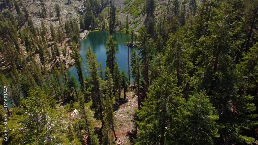 Aerial shot flying over a forest and mountain lake in the Sierra Nevada mountains. Green trees and turquoise blue-green water. Fallen trees under the water. Sun reflects on the water surface. Aerial shot flying over a forest and mountain lake in the Sierra Nevada mountains. Green trees and turquoise blue-green water. Fallen trees under the water. Sun reflects on the water surface.