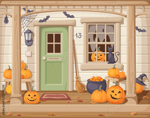 Vector illustration of a front door and porch with pumpkins decorated for Halloween.