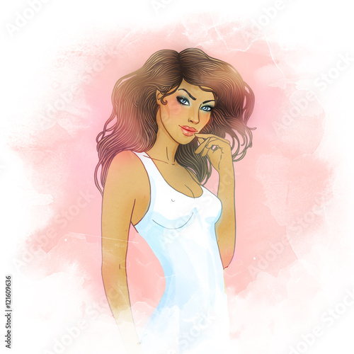 Pretty smiling blonde girl touching her face