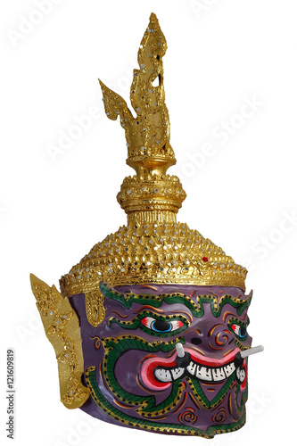 Thai Khon head mask in Puple Giant Face, called Maiyarap, The giant king of the underworld, with white isolated background