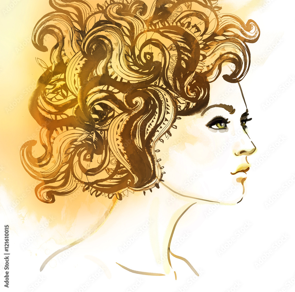 Watercolor portrait of beautiful women with long hair