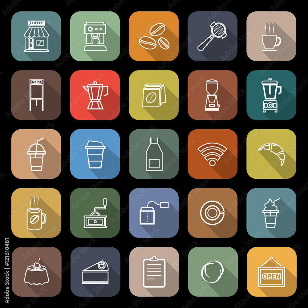 Coffee shop line flat icons with long shadow Coffee shop line flat icons with long shadow