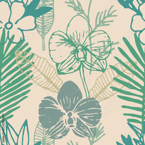 Tropical seamless pattern with frangipani, palm leaves, orchid flower. Floral colorful background. Vector illustration.