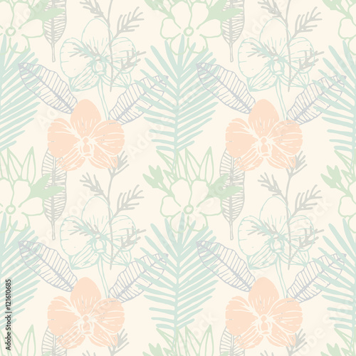 Tropical seamless pattern with frangipani, palm leaves, orchid flower. Floral colorful background. Vector illustration.