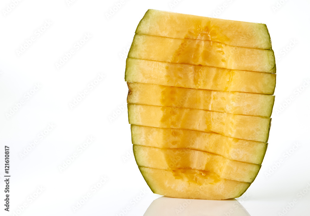 Hamigua Melon cut into slices, Hami Melon, Hami Cantaloupe isolated on white background. stack imag Hamigua Melon cut into slices, Hami Melon, Hami Cantaloupe isolated on white background. stack imag