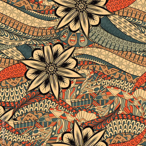 Tracery seamless calming pattern. Mehndi design. Ethnic colorful doodle texture. Curved doodling background. Vector.