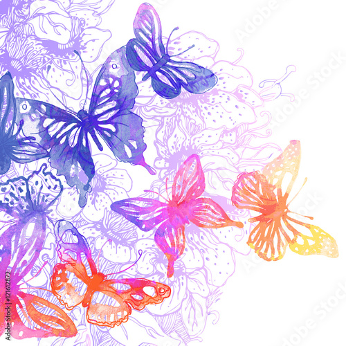 Amazing background with butterflies and flowers painted with wat