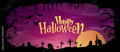 Halloween poster with scary cemetery on a purple background