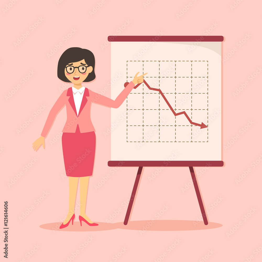 Vector illustration of businesswoman giving presentation with crisis arrow down and decrease business progress. Vector illustration of businesswoman giving presentation with crisis arrow down and decrease business progress.