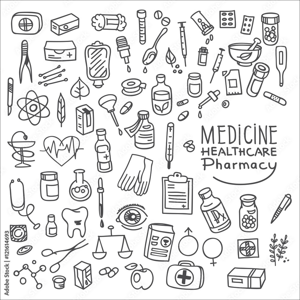 Health care and medicine doodle icon set