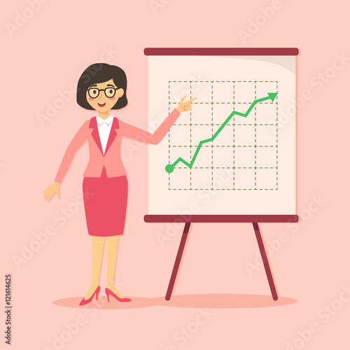 Vector illustration of businesswoman giving presentation with arrow up and increased business progress in pink background.