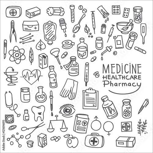 Health care and medicine doodle icon set