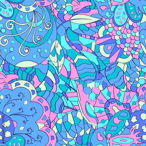 Tracery seamless calming pattern. Mehndi design. Ethnic colorful doodle texture. Curved doodling background. Vector.