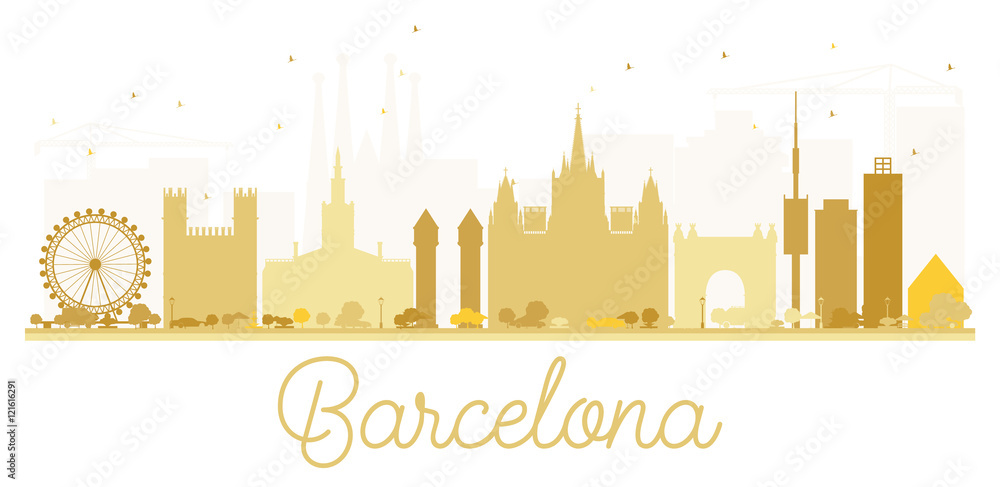 Barcelona City skyline golden silhouette.