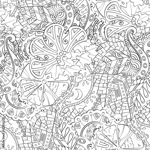Tracery seamless calming pattern. Mehndi design. Ethnic monochrome binary doodle texture. Curved doodling black and white background. Vector.
