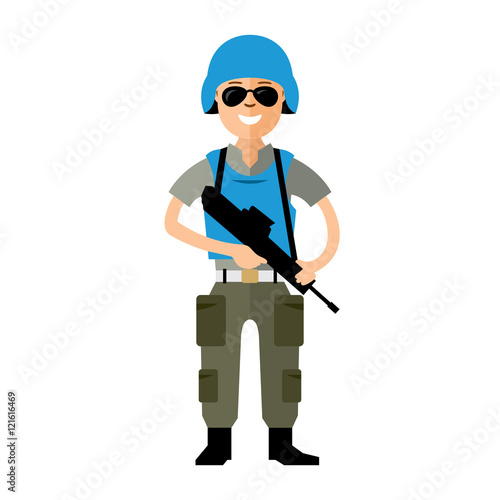 Vector Peacemaker in blue helmet. Flat style colorful Cartoon illustration.