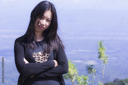 thai woman portrait with mon jam mountain, maerim chiangmai photo