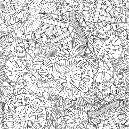 Tracery seamless calming pattern. Mehndi design. Ethnic monochrome binary doodle texture. Curved doodling black and white background. Vector.