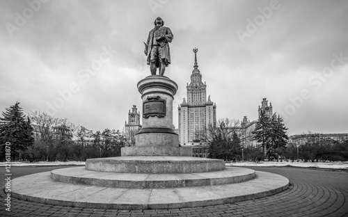 Black and white envelope size view of the Mikhailo Lomonosov monument of Moscow University as written on the bronze title photo