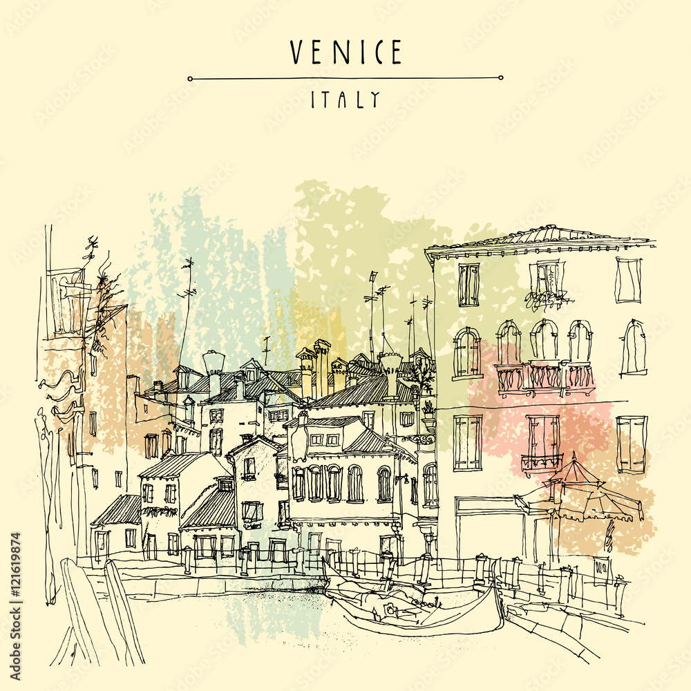 Gondola in Venice, Italy, Europe. Hand drawn postcard