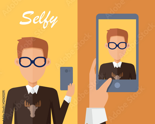 Selfy on Smartphone. Young Man Taking Self Portrait