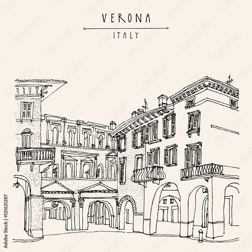 Verona, Italy. Hand drawn vintage postcard