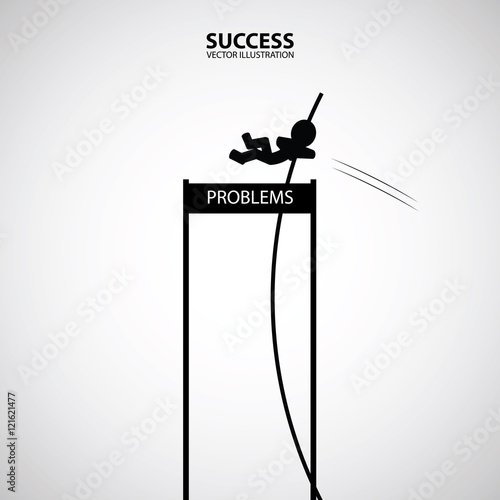 Businessman doing pole vaulting with problems as a name of barrier