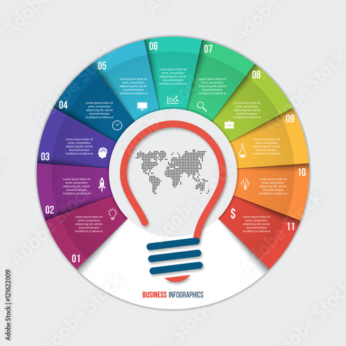 Vector idea pie chart infographic template for graphs, charts, diagrams. Business concept with 11 options, parts, steps, processes.