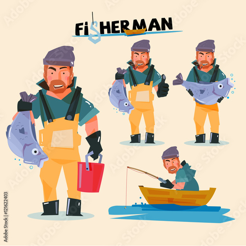 fisherman in various actions. character design - vector