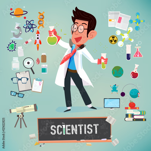 scientist with icon elements of laboratory equipment . scient equipment - vector illustration