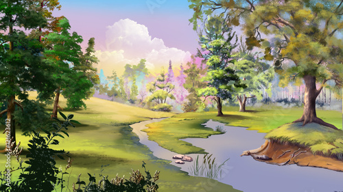 Autumn Landscape with River and Forest Edge