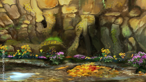 Autumn Leaves and Flowers at the Foot of the Mountain