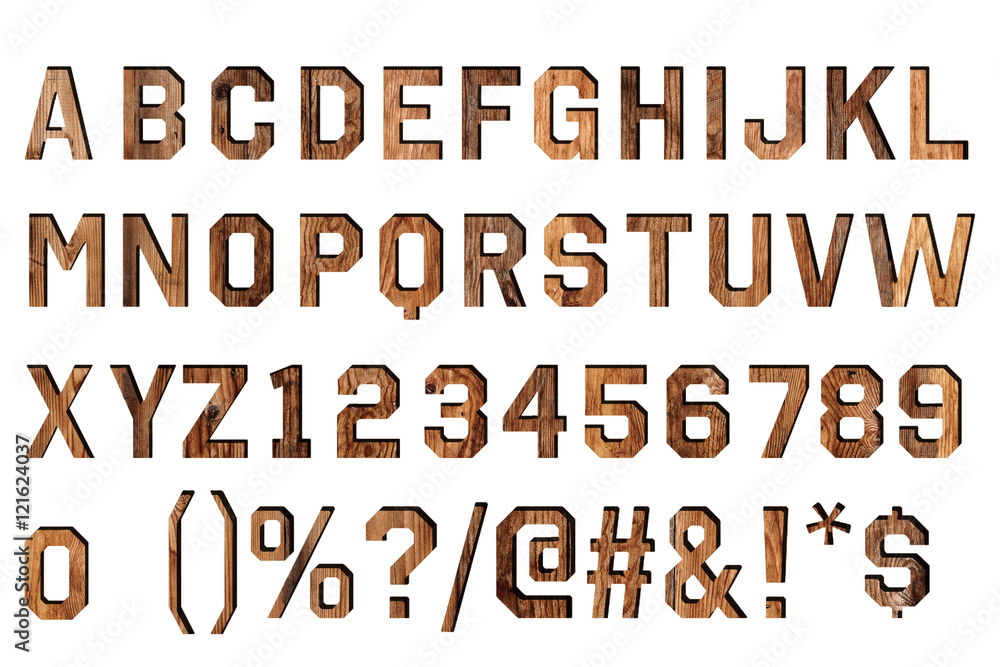 vintage wood alphabet isolated on white.