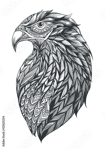 Patterned head of eagle Black and white zentangle art. Ethnic pa