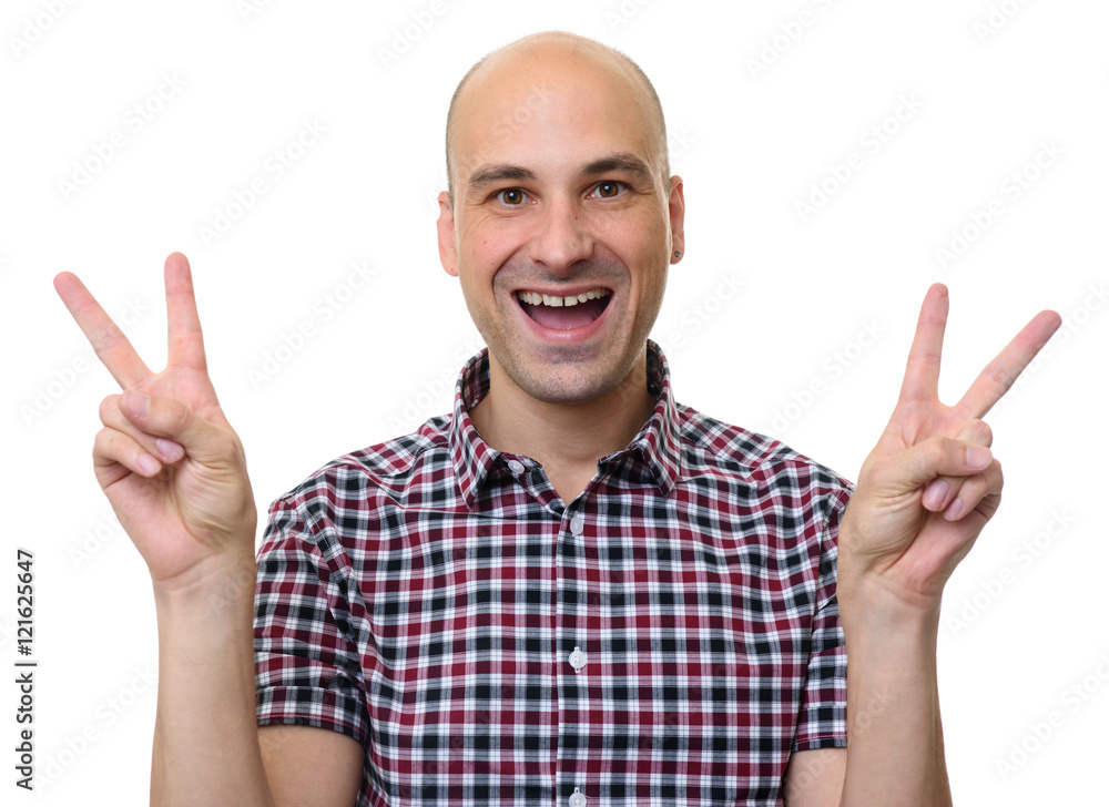 man in stylish shirt showing victory sign. Isolated man in stylish shirt showing victory sign. Isolated