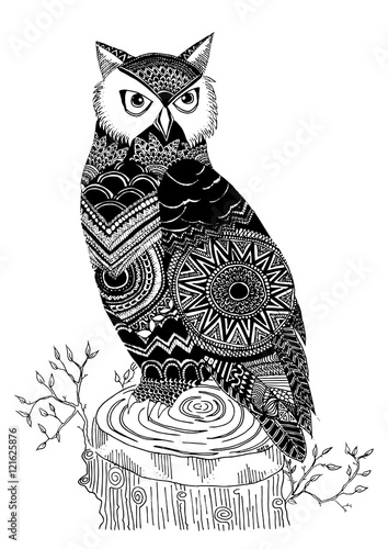 Abstract vector illustration of owl made with ethnic pattern.