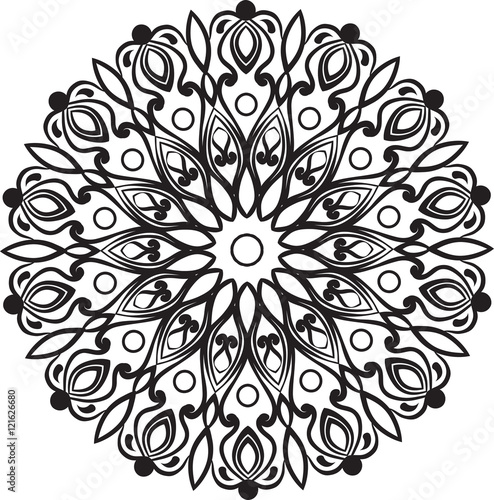 Drawing of a abstract vector with floral round lace mandala, decorative element in ethnic tribal style, black line art on a white background